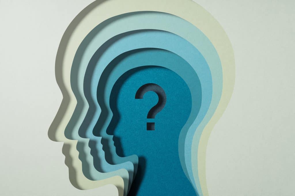 Question about mental and mind Psychology and brain science Question mark and stacked person head silhouettes