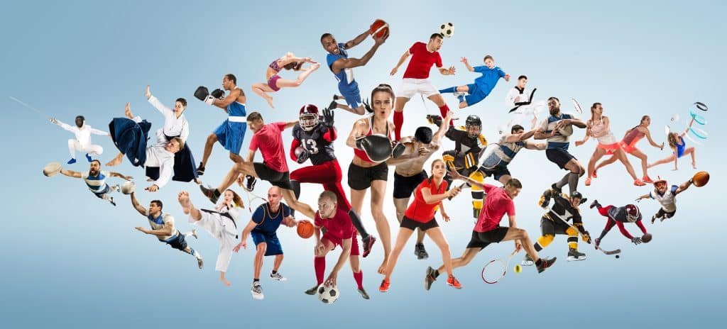 Sport collage about kickboxing, soccer, american football, basketball, ice hockey, badminton, taekwondo, tennis, rugby