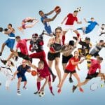 Sport collage about kickboxing, soccer, american football, basketball, ice hockey, badminton, taekwondo, tennis, rugby