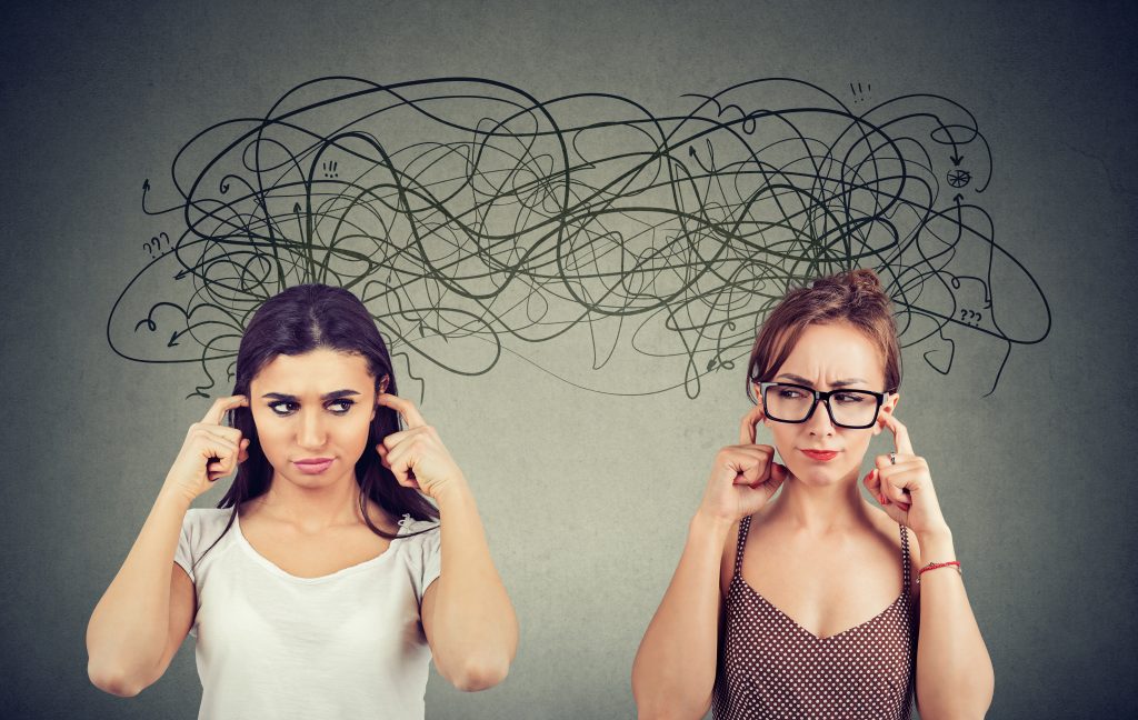 Two angry displeased with each other women ignoring not listening each other